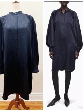 COS Satin Shirt Dress Size 8 Balloon Sleeve Mandarin Collar Pockets Oversized